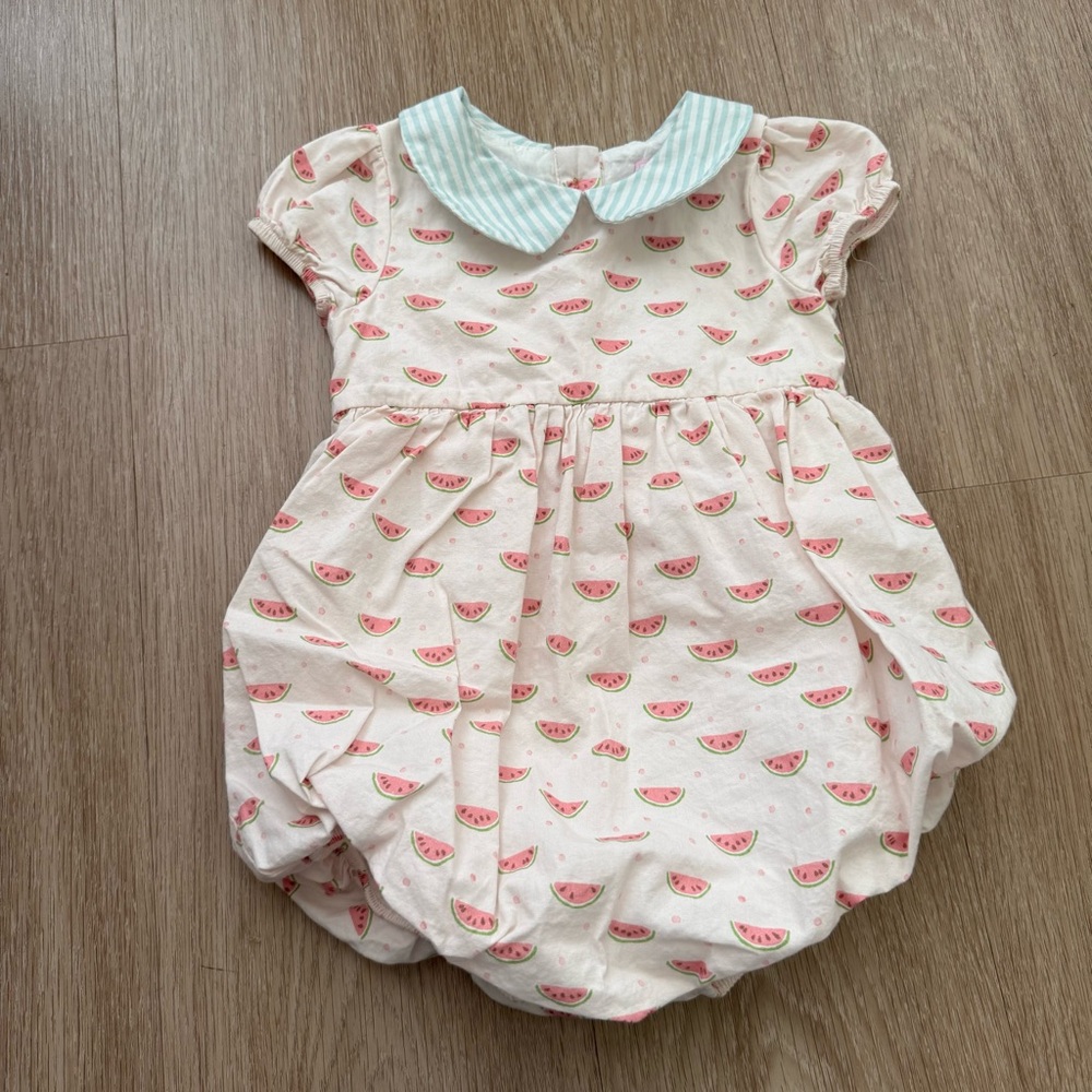 SweetHoney Pink Watermelon Print Baby One-Piece with Blue Collar